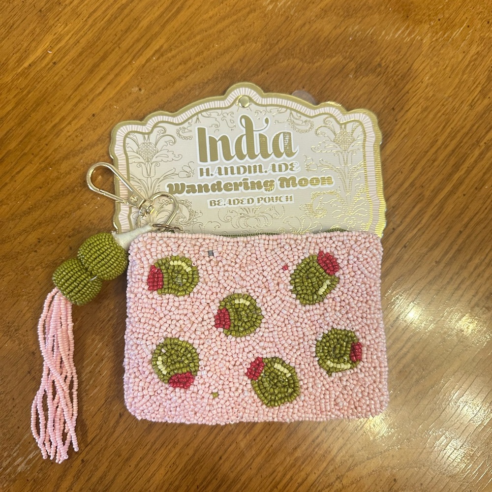 India Handmade Pink Beaded Coin Pouch with Olive Accent